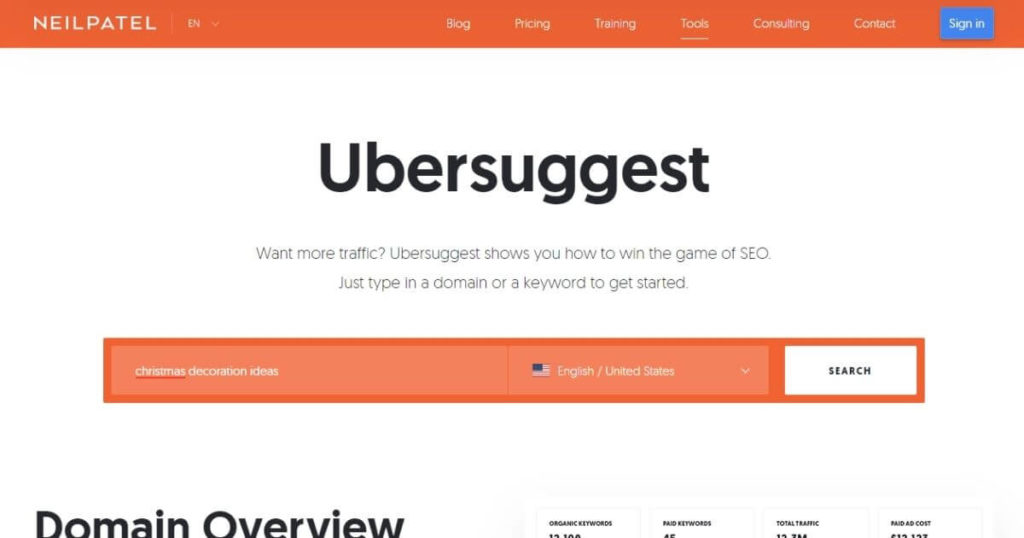 Ubersuggest keyword research tools for bloggers